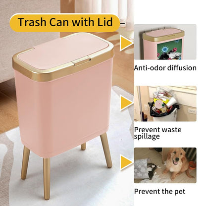 Nordic Style Pink Trash Can with Lid and Legs – Modern Rectangular Waste Bin for Bedroom, Living Room, Office – Stylish Covered Garbage Bin (13.07×7.72×19.09 in)
