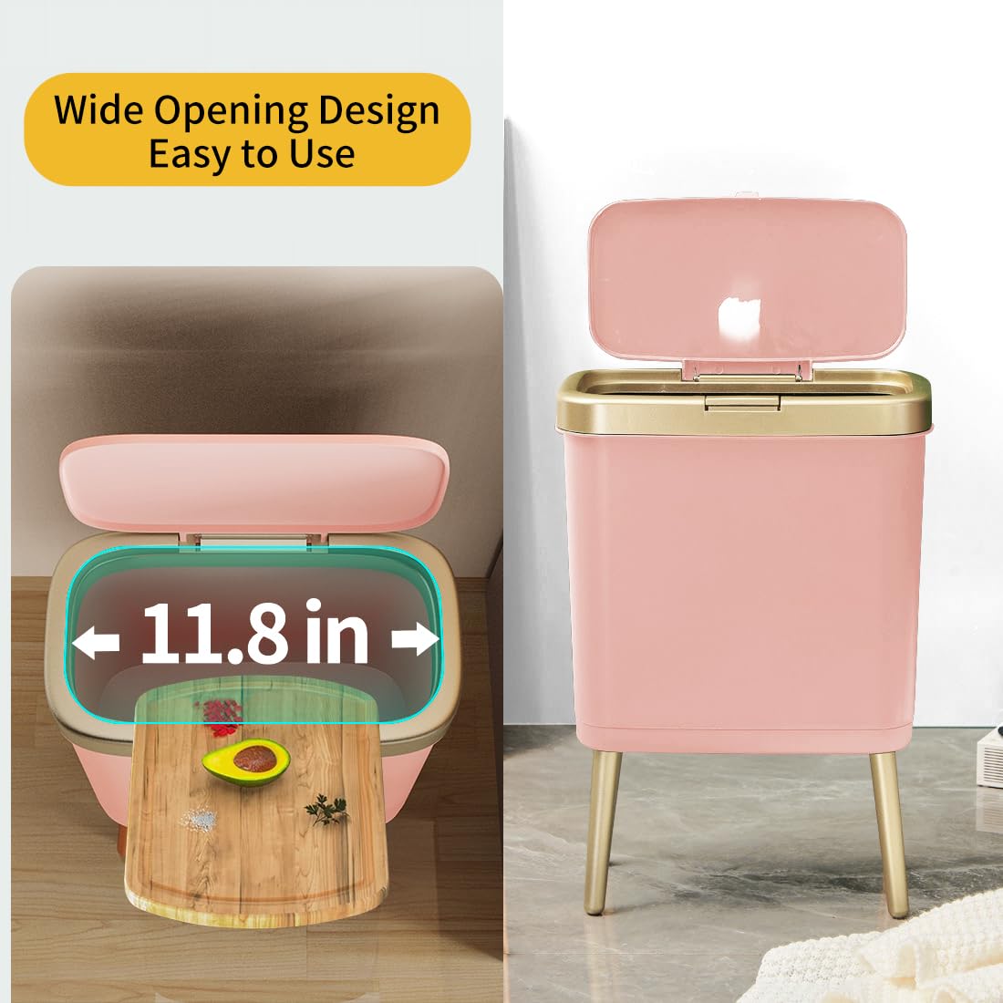 Nordic Style Pink Trash Can with Lid and Legs – Modern Rectangular Waste Bin for Bedroom, Living Room, Office – Stylish Covered Garbage Bin (13.07×7.72×19.09 in)