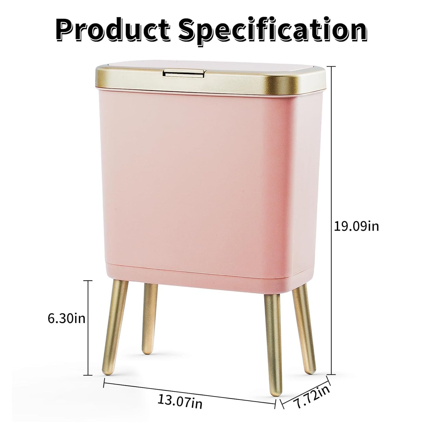 Nordic Style Pink Trash Can with Lid and Legs – Modern Rectangular Waste Bin for Bedroom, Living Room, Office – Stylish Covered Garbage Bin (13.07×7.72×19.09 in)