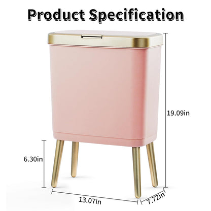 Nordic Style Pink Trash Can with Lid and Legs – Modern Rectangular Waste Bin for Bedroom, Living Room, Office – Stylish Covered Garbage Bin (13.07×7.72×19.09 in)