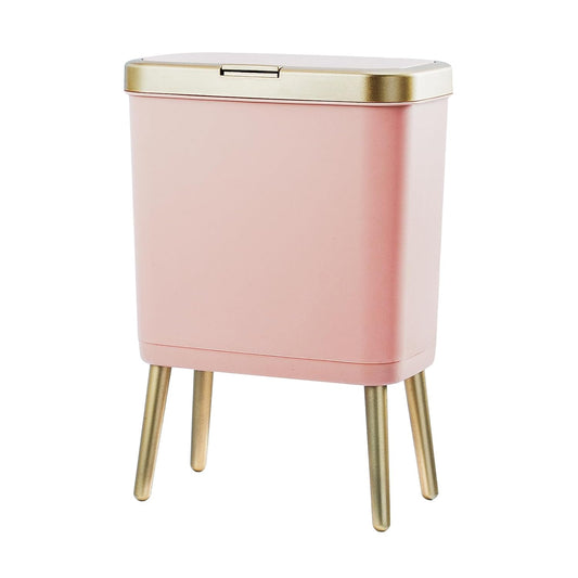 Nordic Style Pink Trash Can with Lid and Legs – Modern Rectangular Waste Bin for Bedroom, Living Room, Office – Stylish Covered Garbage Bin (13.07×7.72×19.09 in)