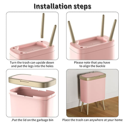 Nordic Style Pink Trash Can with Lid and Legs – Modern Rectangular Waste Bin for Bedroom, Living Room, Office – Stylish Covered Garbage Bin (13.07×7.72×19.09 in)