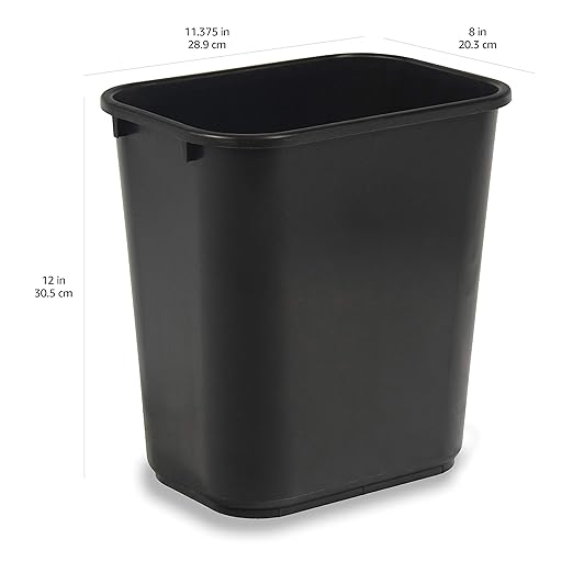 Durable Rectangular Black Plastic Trash Can – Open Waste Bin for Office, Bathroom, Kitchen & Home Use – 12L Capacity, Space-Saving Design (12 x 11.375 x 8 in)
