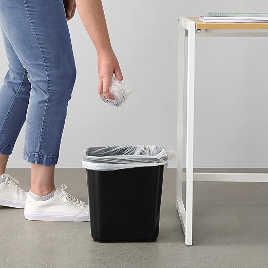 Durable Rectangular Black Plastic Trash Can – Open Waste Bin for Office, Bathroom, Kitchen & Home Use – 12L Capacity, Space-Saving Design (12 x 11.375 x 8 in)